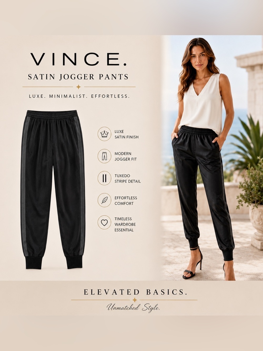 VINCE Satin Tuxedo Stripe Jogger Pants M Black Luxury Travel Resort Wear